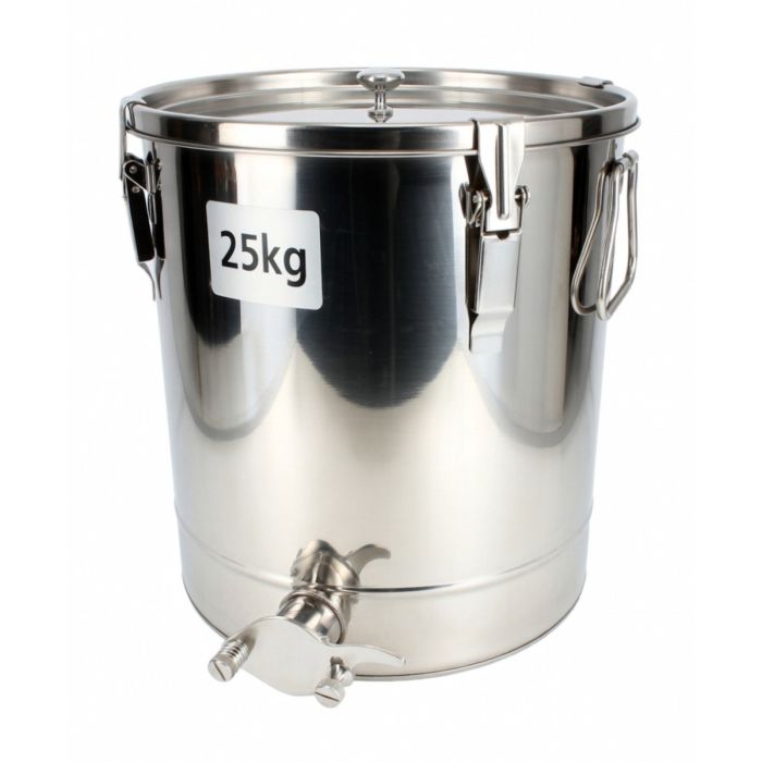 Abfüllbehälter aus Edelstahl 25kg mit 3 Spannverschlüssen und Quetschhahn