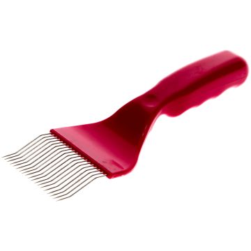 Entdecklungsgabel mit dickem rotem Kunststoffgriff und gebogenen Nadeln